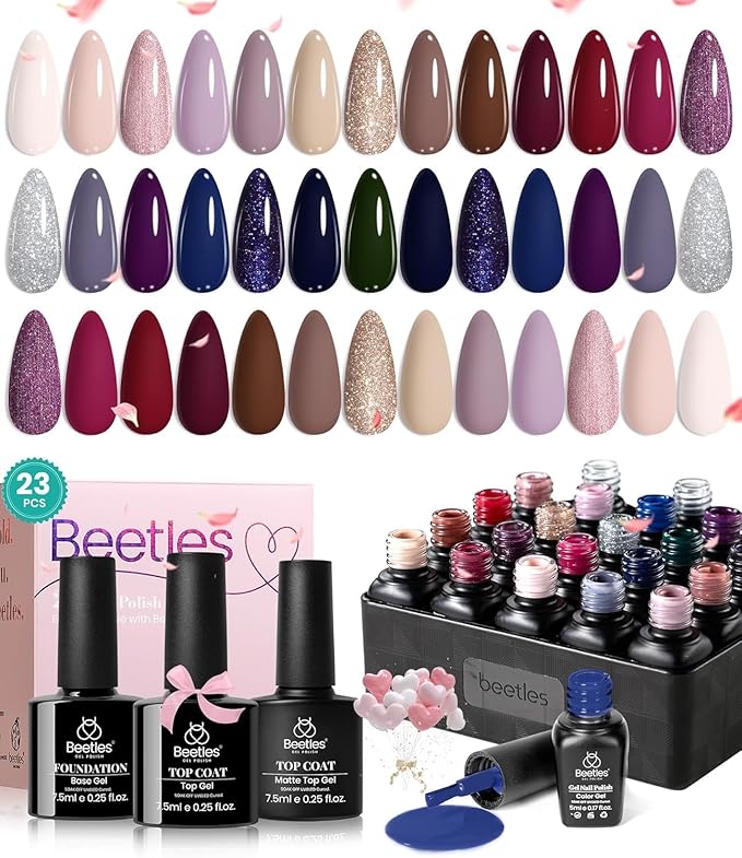 beetles Gel Nail Polish Set 20 Colors Fall Winter Neutral Shimmer Red Nude Brown Gel Polish Kit with Base Matte and Glossy Top Coat Soak off Uv Lamp Manicure Set Gift for Women Sophisticated Charm