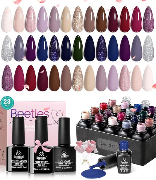 beetles Gel Nail Polish Set 20 Colors Fall Winter Neutral Shimmer Red Nude Brown Gel Polish Kit with Base Matte and Glossy Top Coat Soak off Uv Lamp Manicure Set Gift for Women Sophisticated Charm