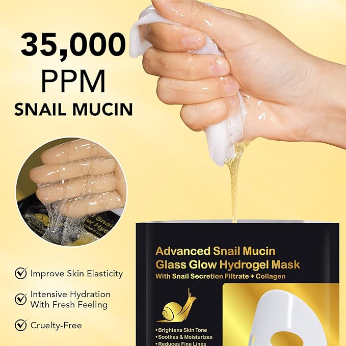 6 Pack Snail Mucin Glass Glow Hydrogel Face Masks Skincare, Snail Mucin Serum Face Mask Deep Hydrating for Women, Glass Skin Collagen Face Mask Korean Skincare for All Skin Types