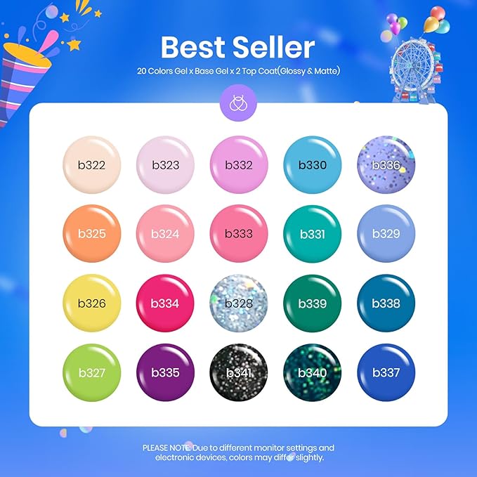 Beetles Gel Nail Polish Set- 23Pcs Color Gel Polish with Base Gel Top Coat Bright Colors, Gel Polish Kit Blue Pink Purple Orange Green Glitter Soak Off Uv Led Trendy Rainbow Nail Art