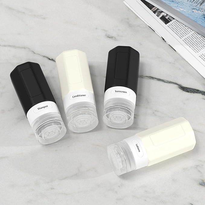 2 oz Travel Bottles, Small Travel Size Containers, TSA Approved Silicone Travel Toiletries Bottles, Shampoo and Conditioner Travel Kit for Women (Black-white)