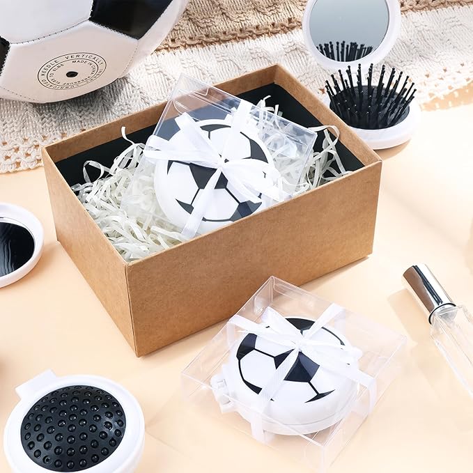 12 Set Soccer Party Favors Soccer Mini Detangler Mirror Brush With Ribbons, Mini Travel Hair Brush, No Tangle Soft Flexible Bristles for Teen Girls Soccer Team Gifts Sport Birthday Party favors