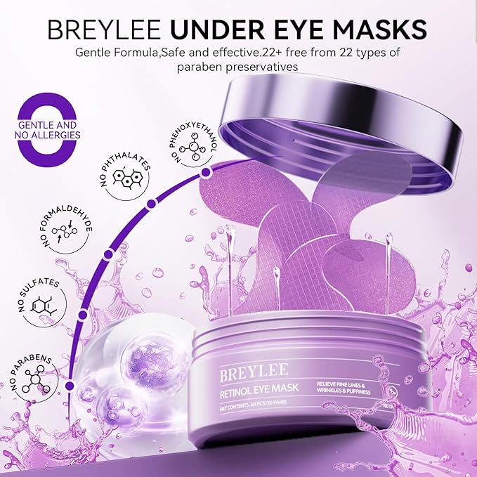 BREYLEE Retinol Eye Mask Under Eye Patches with Retinol, Collagen & Hyaluronic Acid, Reduce Puffy Eyes, Dark Circles, Wrinkles & Fine Lines, Anti-Aging Smoothing Skin Care for Women & Men - 60 Pcs