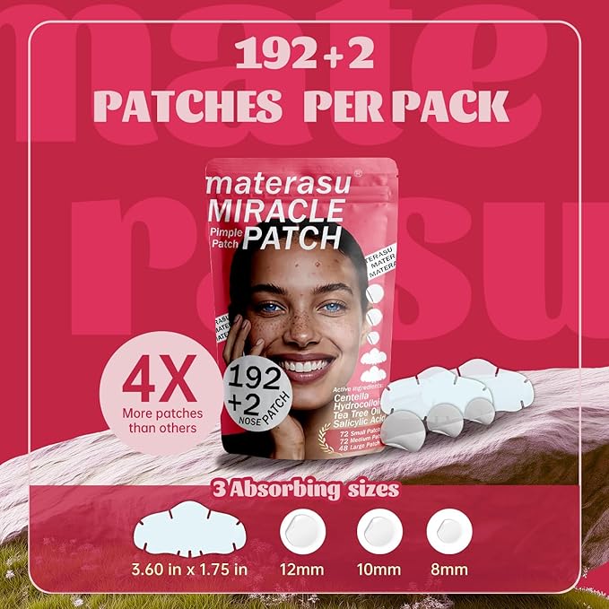 194pc Pimple Patches (192+2 Patches),3 Size with 2 Nose Hydrocolloid Acne Patches with Tea Tree Oil