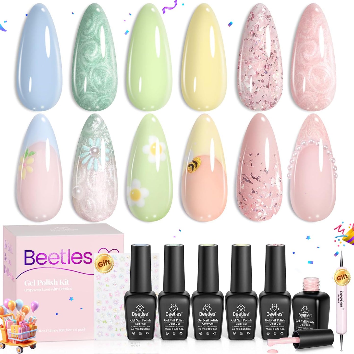 Beetles Pastel Gel Nail Polish - Spring Scenery By the Lake Gel Polish, 6 Colors Pink Green Yellow Drawing Swirl Shell Thread Effect Nails DIY Manicure Gifts for Women