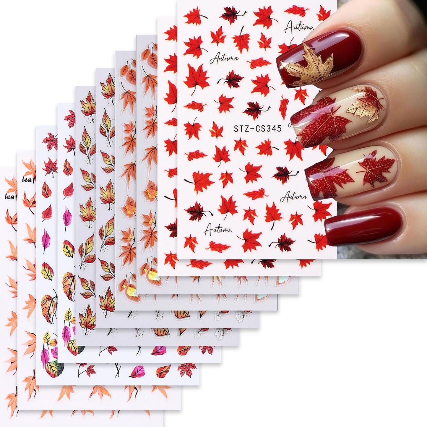 10 Sheets Fall Nail Art Stickers Decals Thanksgiving Nails Decals Autumn Maple Leaf Nails Stickers Self-Adhesive Maple Leaves Nail Art Decals for Women