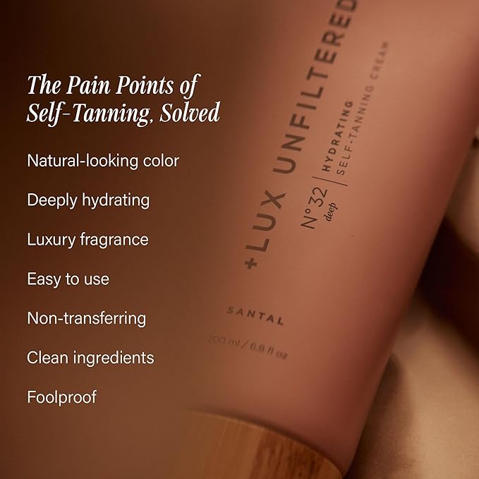'+ Lux Unfiltered N°32 Deep Gradual Self Tanner, Hydrating Self Tanning Lotion with Shea Butter & Squalane - Non-Sticky, No Transfer, Natural-Looking Tan - Vegan & Cruelty-Free Sunless Tanner - Santal