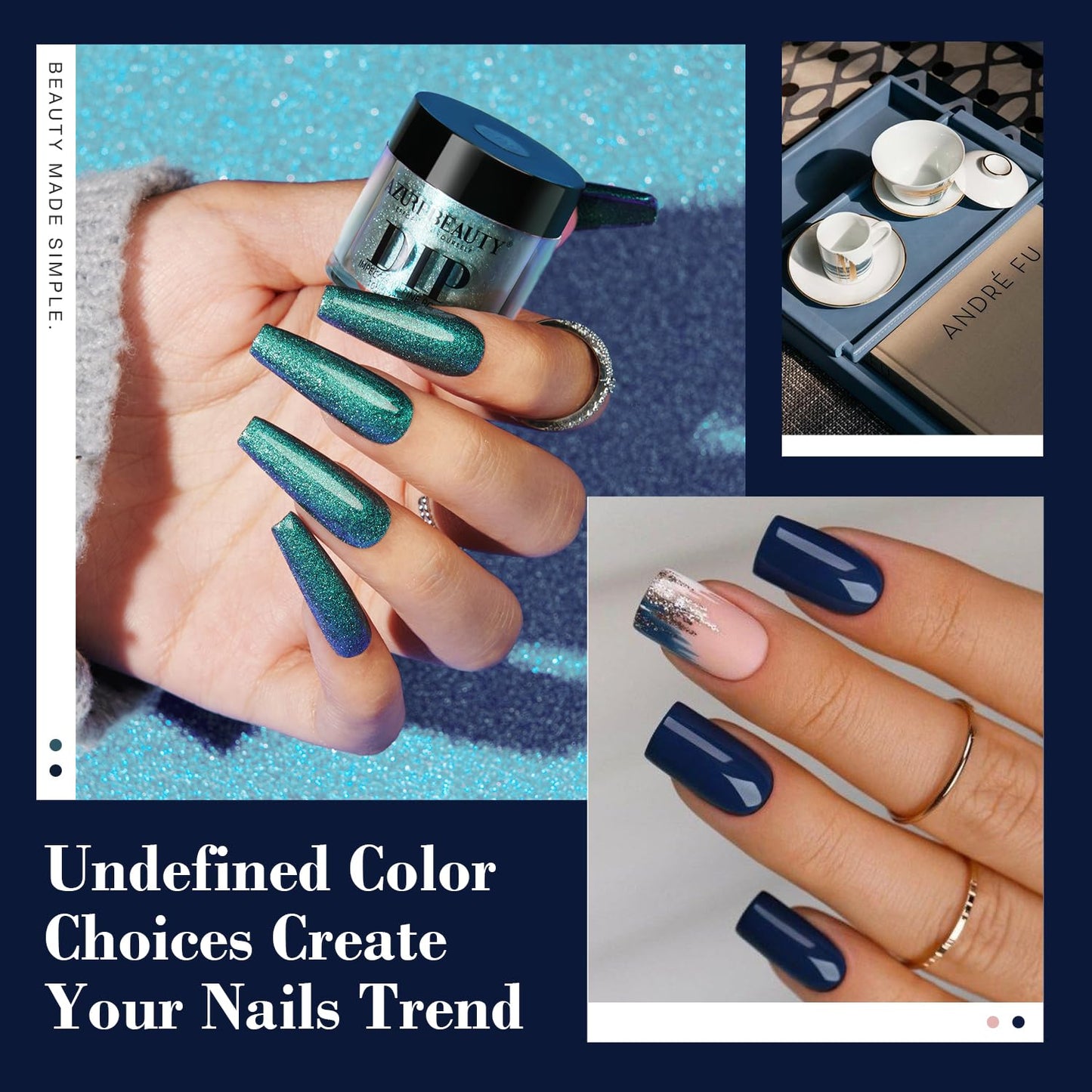 AZUREBEAUTY 30Pcs Dip Powder Nail Kit Starter with Nail Sticks, Glitter Baby Dark Blue 8 Colors Dipping Powder Liquid Set Added Matte Top Coat for Fall Winter Nail Art Manicure Salon DIY Home Gift