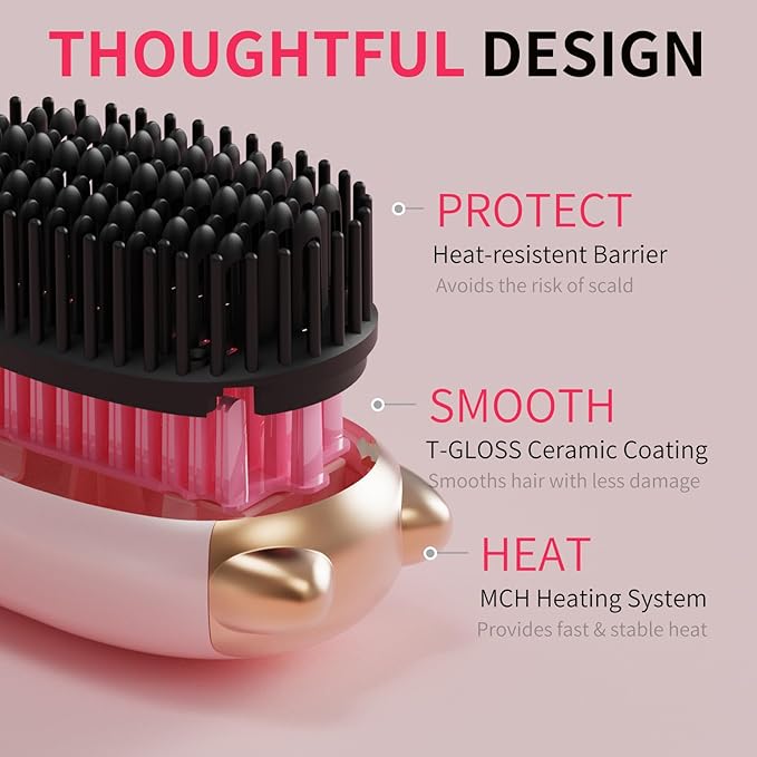 Cordless Hair Straightener,Portable Hair Straightening Brush for Travel, Mini Hot Straightening Comb for Women,Anti-Scald, LED Display & Fast Heating (Pink)
