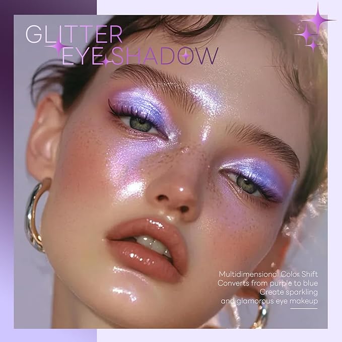 Chameleon Purple Blue Glitter Eyeshadow Makeup, Holographic Color Shifting Shimmer Multichrome Eye Highlighter Palette Iridescent Sparkling Inner Corner Brightener, sombras para ojos 09