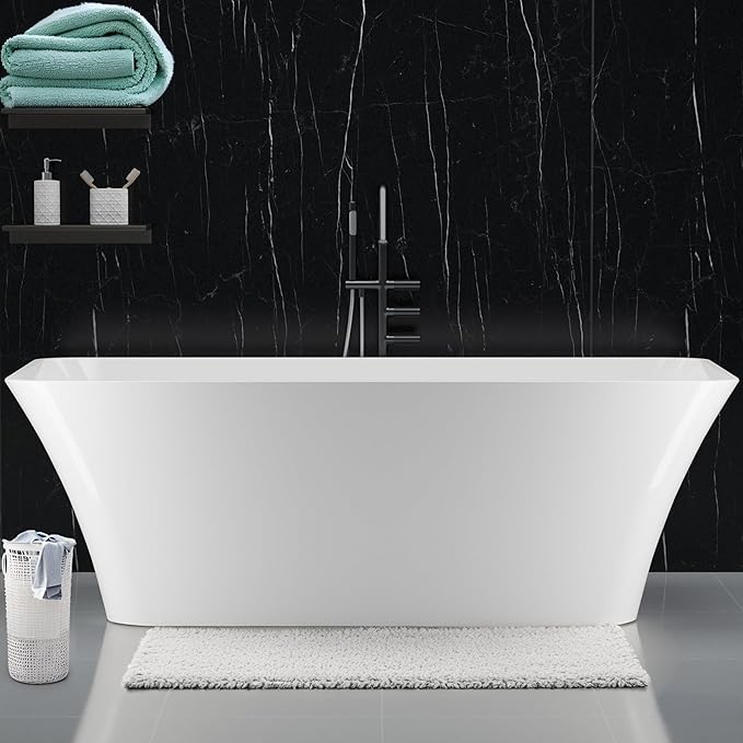 67 Inch Acrylic BathTubs for Bathroom – Contemporary Deep Soaking Oval Tub with Chrome Drain, White Freestanding Style Stand Alone Tubs for Full Body Relaxation and Daily Comfort