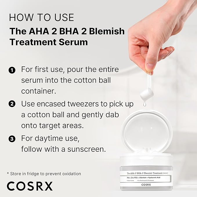 COSRX AHA 2% BHA 2% Blemish Treatment Serum, 60+ Pure Cotton Balls, Quick & Easy Daily Spot Treatment, Blackheads & Whiteheads, Sebum Control, Paraben Free, Phthalates Free, Korean Skin Care