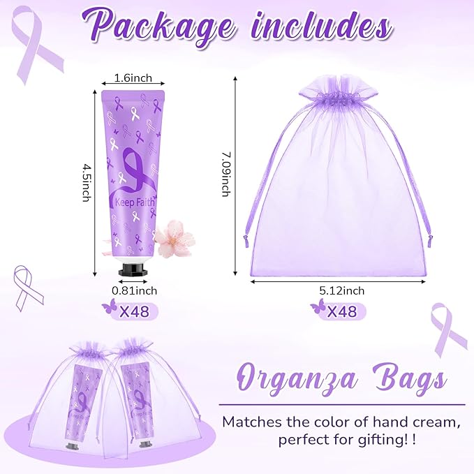 48 Sets Purple Ribbon Domestic Violence Alzheimers Pancreatic Cancer Epilepsy Awareness Hand Cream Gifts Bulk Baby Shower Hand Cream Travel Size Lotion Bulk Party Supplies Favors