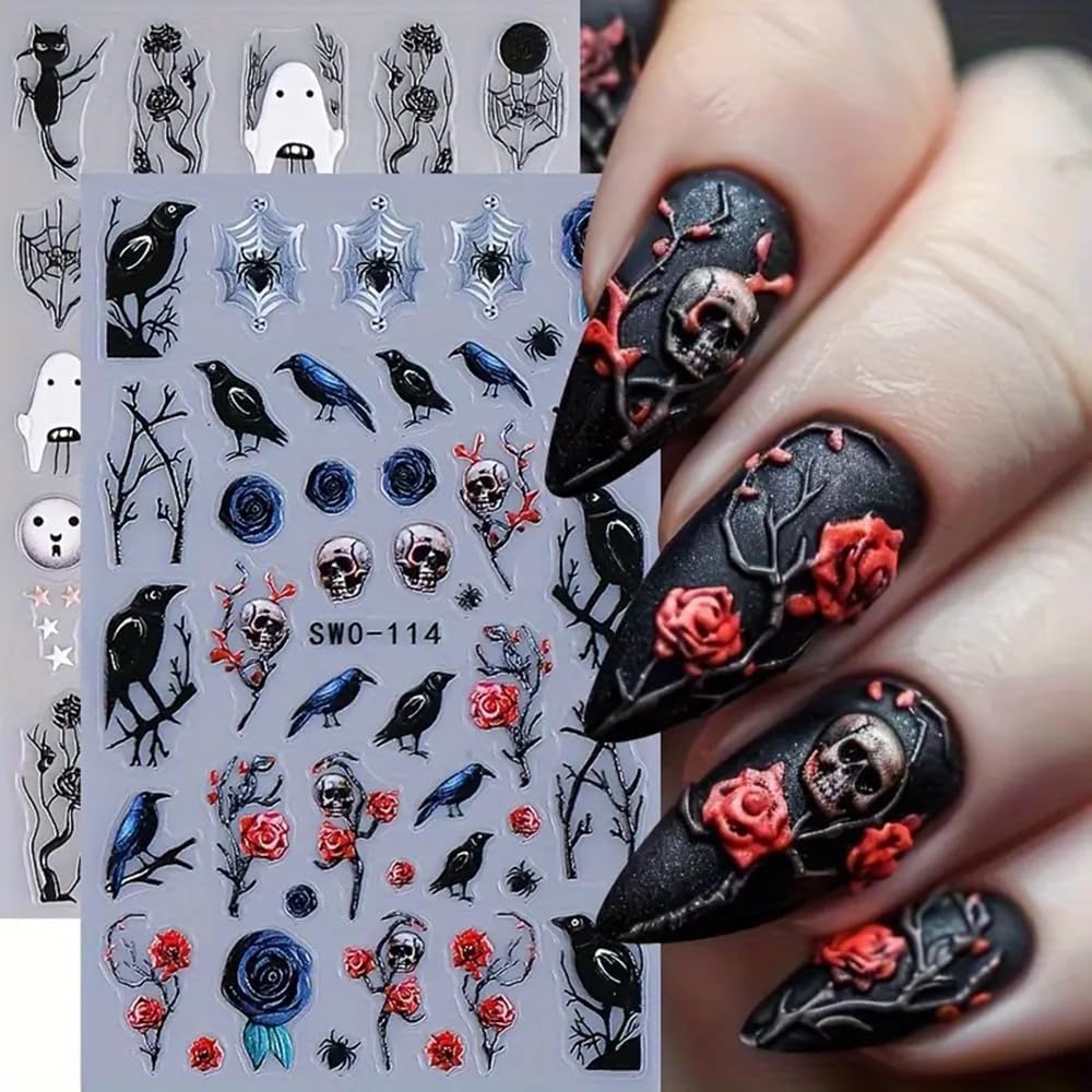 2Pcs Halloween 5D Nail Art Stickers - Black Red Roses Crow Skulls & Black Cats Nail Decals with Stars Design, Self-Adhesive Matte Finish for DIY Nail Decor, Punk Style Party Halloween Decorations