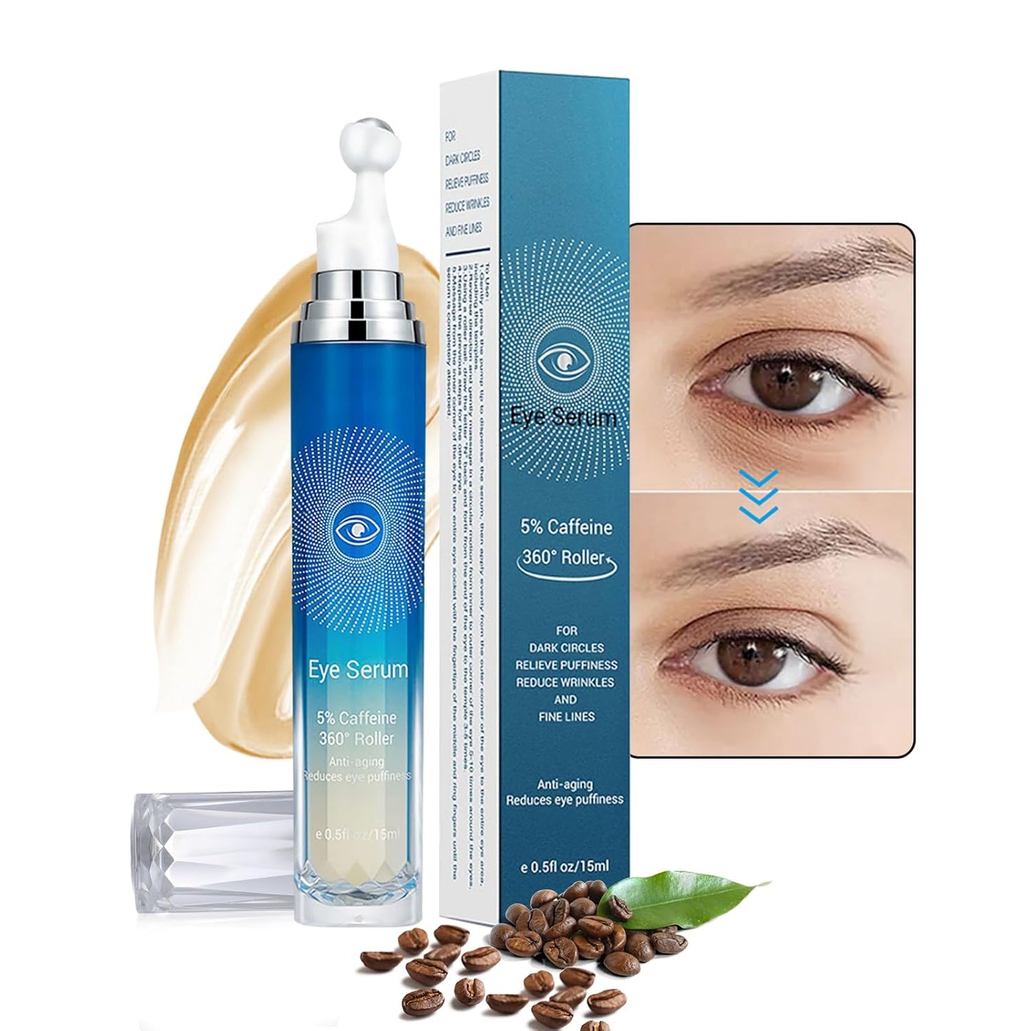 5% Caffeine Eye Cream Serum, Eye Cream For Wrinkles, Dark Circles Under Eye Treatment, 360° Eye Roller Serum, Under Eye Cream To Reduce Dark Circles For Fine Lines