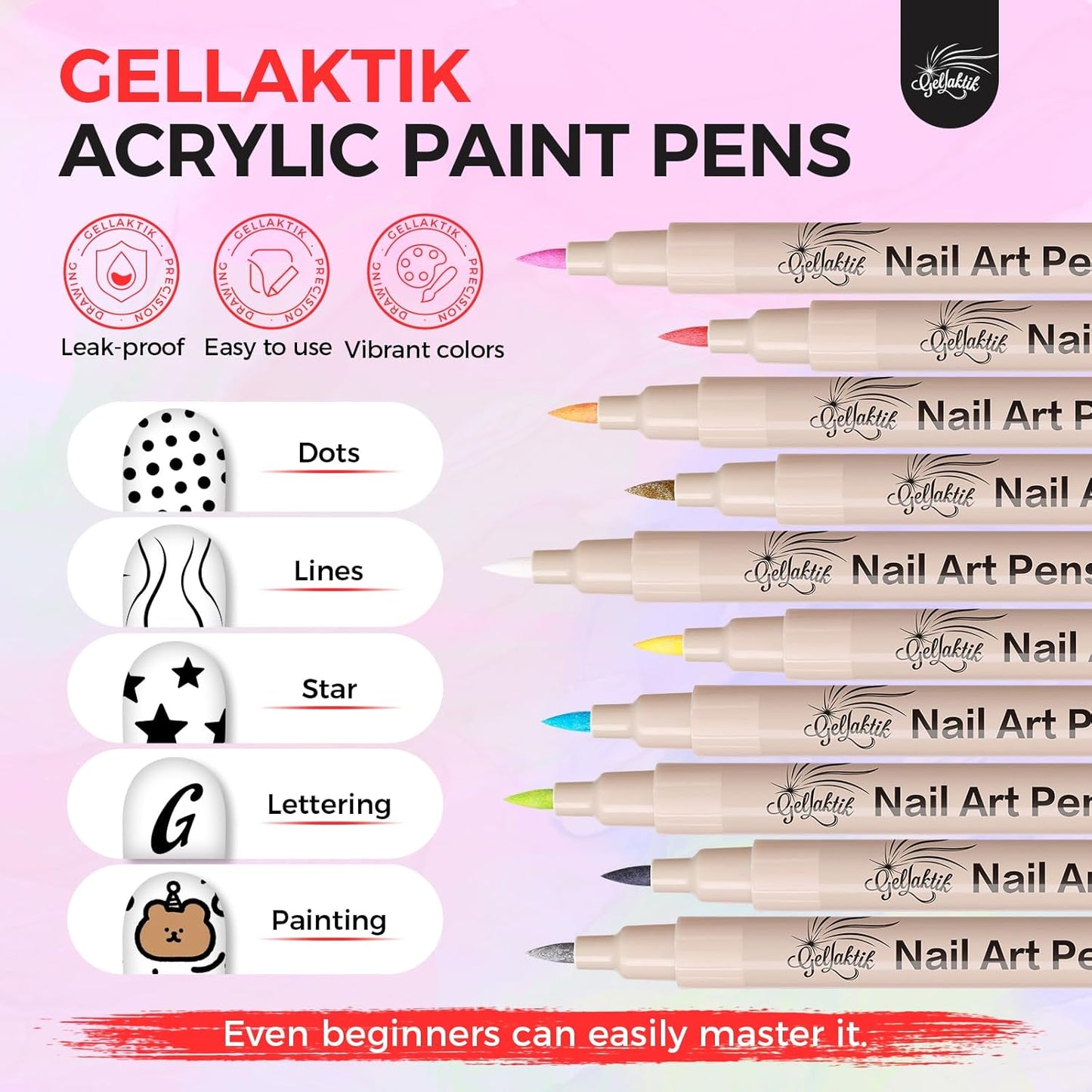 6 Colors Nail Art Pens Set, 3D Nail Polish Pens Quick-Drying Acrylic Paint Markers, Dotting Liner Brush for DIY Nail Design, Home & Salon Manicure Tools