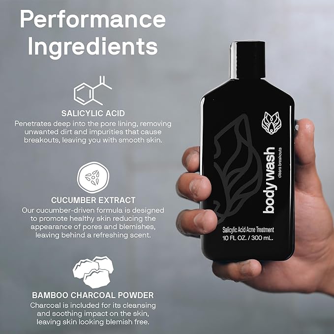 Black Wolf Salicylic Acid Body Wash for Men - 10 Fl Oz Men's Acne Body Wash - Charcoal Helps Reduce Acne Breakouts & Cleanse Your Skin - Full Coverage & Deep Clean Treatment - Men's Bodywash