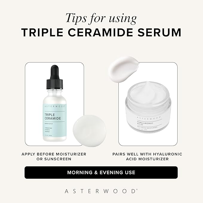 Asterwood Triple Ceramide Barrier Repair Serum - Hydrating, Calming, & Barrier-Restoring Skin Facial Serum - with Ceramide Complex, Squalane, Hyaluronic Acid - Fragrance-Free, Cruelty-Free - 1 Fl Oz