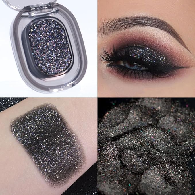 Black Glitter Eyeshadow Palette Makeup for Women, Glitter Shimmer Metallic Holographic Iridescent Single Monochrome Eyeshadow Halloween Birthday Party Wear Makeup, Sombras Crema Para Ojos