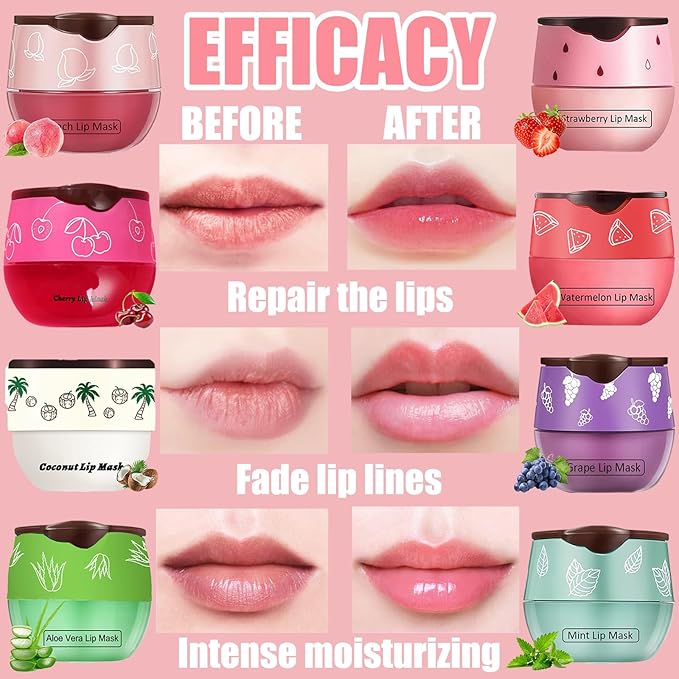 8 PCS Bee Lip Balm Honey Pot, Coconut Cherry Mint Strawberry Watermelon Grape Peach Aloe Vera Bee Lip Balm Honey Pot Sleeping Lip Mask Overnight with Stick Prevention Dry and Crack Lip Scrubs