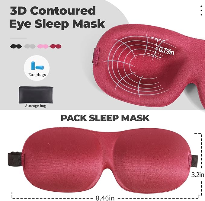 4 Pack Sleep Mask for Women and Men Adjustable Blackout 3D Eye Masks for Sleep, Blindfold with Storage Bag and Earplug for Travel Nap and Night (Black, Purple, Blue, Pink)