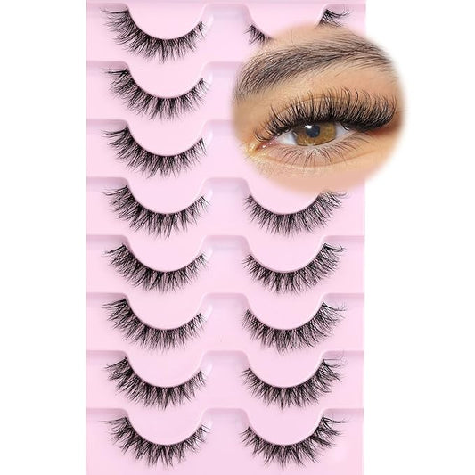 Cat Eye Lashes 13MM Short False Eyelashes Clear Band Natural Look Fluffy Faux Mink Lashes Wispy Soft Eyelashes Lightweight Handmade 8 Pairs Pack Eyelashes