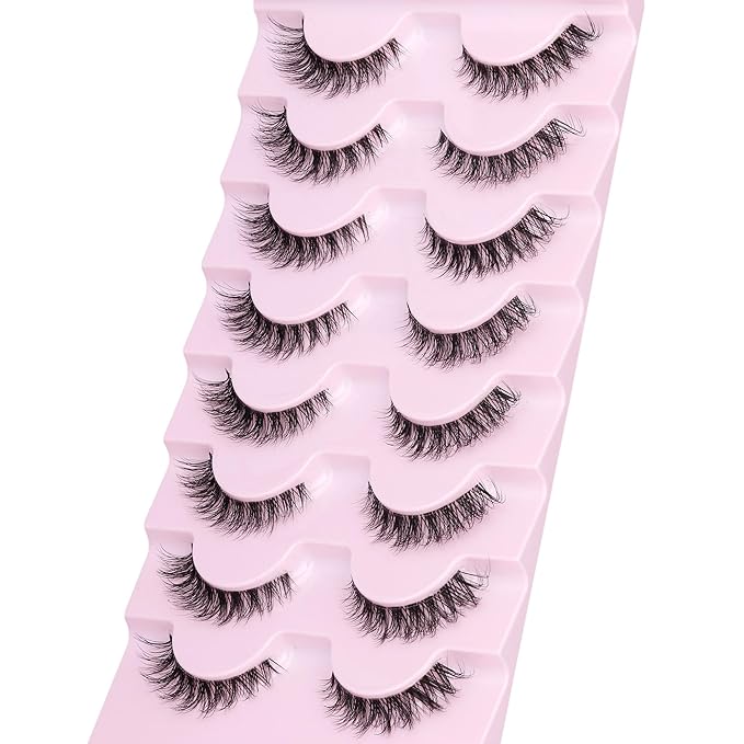 Cat Eye Lashes 13MM Short False Eyelashes Clear Band Natural Look Fluffy Faux Mink Lashes Wispy Soft Eyelashes Lightweight Handmade 8 Pairs Pack Eyelashes