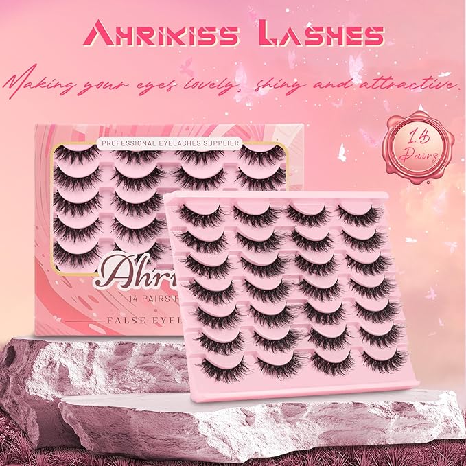 Ahrikiss Lashes Fluffy Eyelashes Wispy False Eyelashes Spiky Manga Lashes D Curl Cat Eye Lashes Natural Look 8D Volume Anime Fake Eyelashes Faux Mink Lashes 14 Pairs Pack (Spike02)