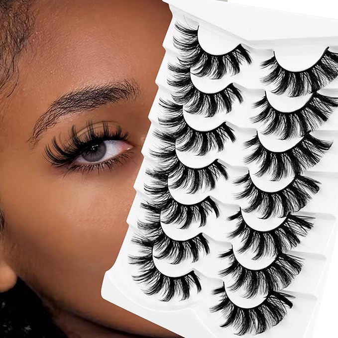 Cat Eye Lashes False Eyelashes Yasnai D Curl Russian Strip Lashes 17mm Fake Eyelash Wispy Natural Look Lashes 3D Fake Mink Lashes Eyelashes 7 Pairs Pack