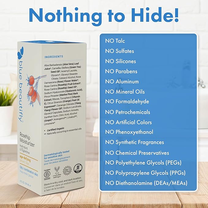 Blue Beautifly Rosehip Face Moisturizer - Restores Elasticity, Boosts Collagen, and Protects the Skin - Hyaluronic Acid Moisturizer Super-Charged with Ribose, and Marine Pine Bark Extract - 2 fl oz