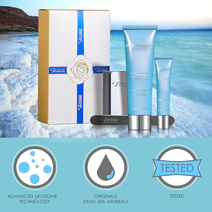 Dead Sea Premier Beautifying Nail Kit Milk and Honey - Salon Quality Manicure, hand & Body Lotion, Cuticle Oil, Nail File, 3 step Buffing Block