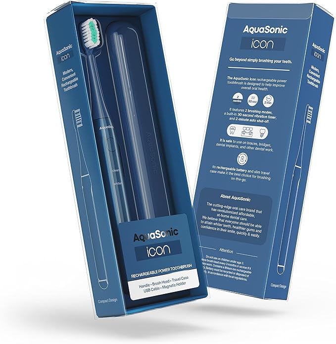 Aquasonic Icon ADA-Accepted Rechargeable Toothbrush | Magnetic Holder & Slim Travel Case | 2 Brushing Modes & Smart Timers | Gentle Micro-Vibrations (Navy)