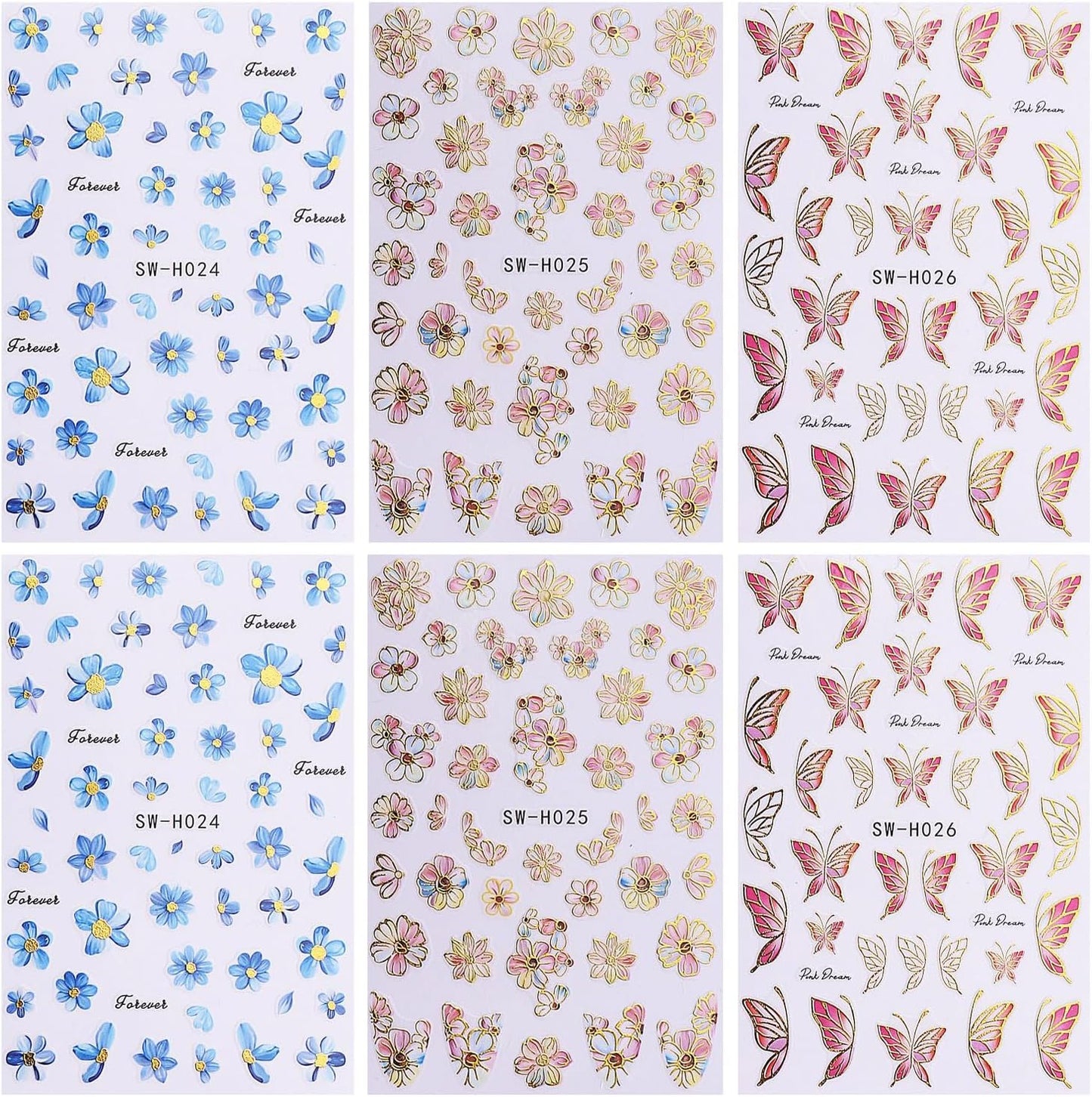 6Sheets Flower Nail Art Stickers 3D Self-Adhesive Nail Sticker Butterfly Nails Art Decals Holographic Floral Butterfly Nails Decal Decoration for Women Blue Blossom Manicure DIY Nail Supplies