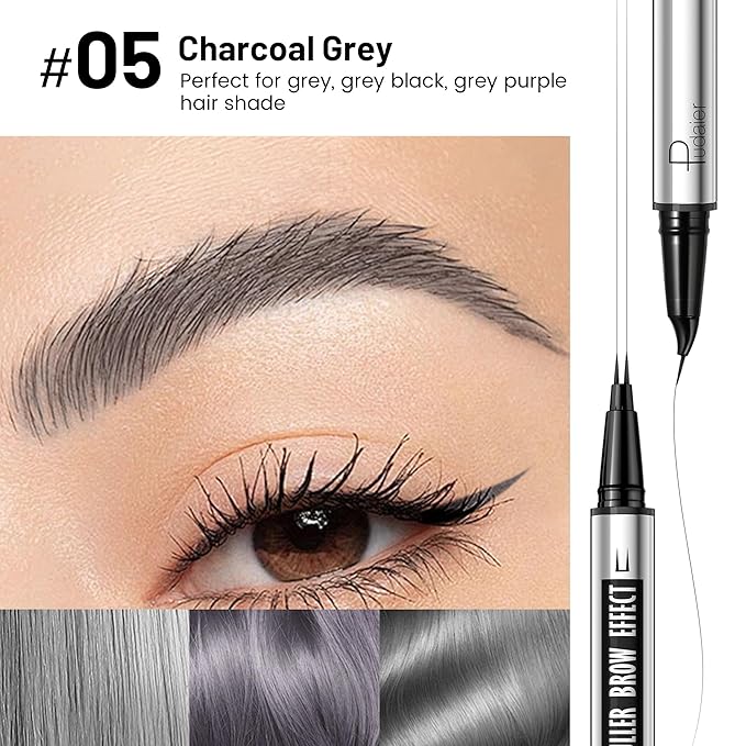 2 Pack 2 Fine Tip Eyebrow Pen, Waterproof Filling Faux Brow Makeup Pencils for Women with Precise Curved Brush-Tip to Fast Create Natural Hair-Like Brows, Last All-Day (Charcoal Grey)