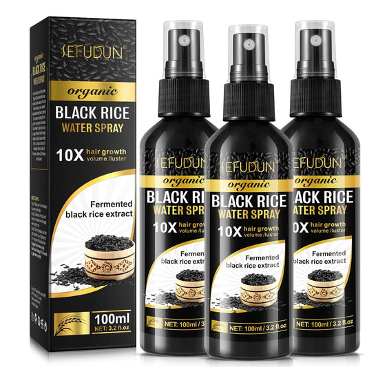 (3Pc) Organic Black Rice Water Spray for Hair Growth, A Solution with Castor Oil & Ginger Root Extract for Thicker, Fuller Hair, Targets Hair Loss and Repairs Damage 300ml/9.6 fl.oz