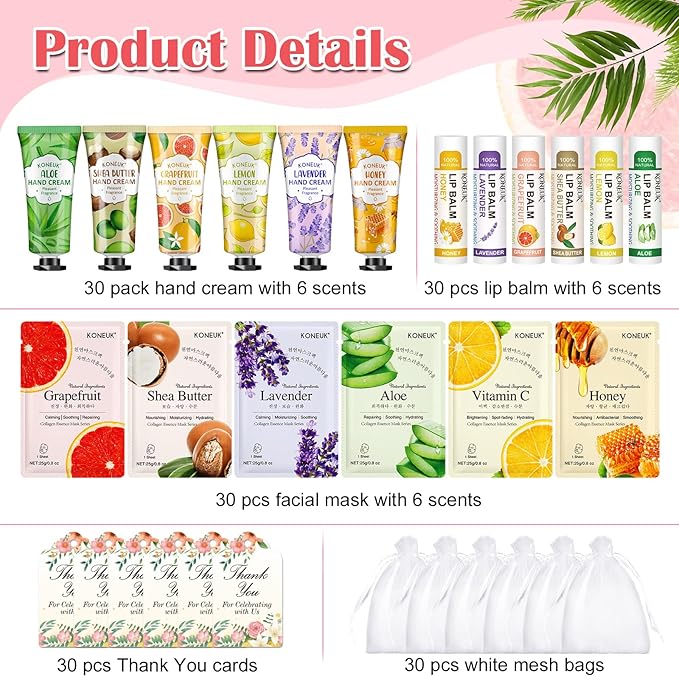 30 Pack Bulk Facial Mask, Bulk Hand Cream and Bulk Lip Balm Sets, Bridesmaid Gifts, Thank You Gifts, Bridal Shower Favors and Baby Shower Party Favors for Guests, Birthday Gifts, Small Gifts for Women