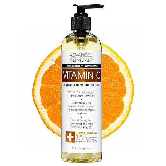 Advanced Clinicals Vitamin C Body Oil Skin Care Moisturizer W/Vitamin E & Turmeric - Hydrating Body Oil To Improve Look Of Dark Spots & Dry Skin, 12 Fl Oz