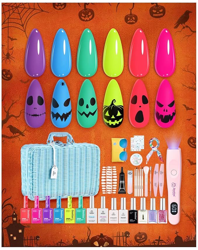 Beetles Halloween Gel Nail Polish Set with Mini LED Nail Lamp Purple Red Green Yellow Gel Polish with Base Top Coat Nail Art Brushes Salon DIY Gift Basket for Women
