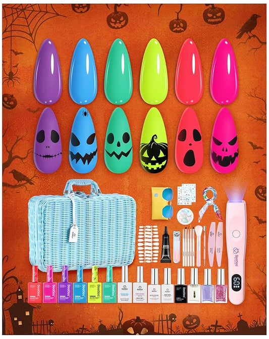 Beetles Halloween Gel Nail Polish Set with Mini LED Nail Lamp Purple Red Green Yellow Gel Polish with Base Top Coat Nail Art Brushes Salon DIY Gift Basket for Women