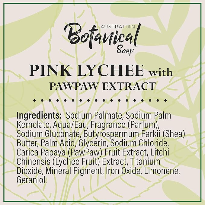 Australian Botanical Soap, 6.6 OZ, Pink Lychee and Pawpaw Extract, Triple Milled Bars made with a Natural Soap Base and Enriched with Organic Shea Butter, Pack of 8