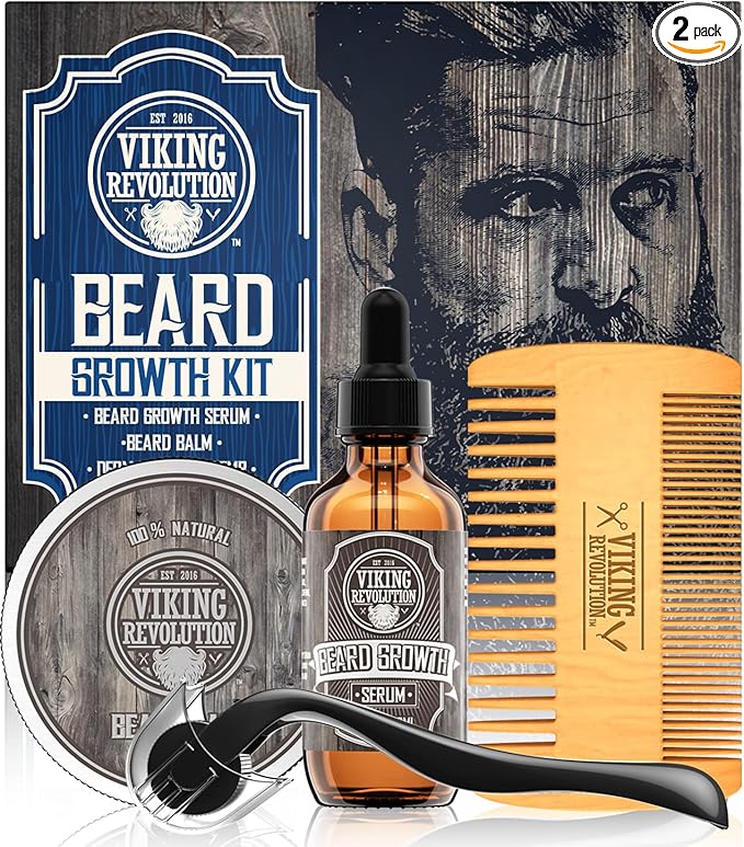 Beard Growth Kit - Oil, Balm, Serum, Derma Roller & Wooden Comb for Beard & Mustache Growth