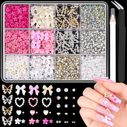 3D Nail Charms and Gems Set 7, 20PCS Chunky Butterfly Charms + 75PCS Coquette Nail Bows and Hearts + 3D Flowers for Nails with Rhinestones, Pearls, Diamonds and Picker Tools for Y2K Nail Decor