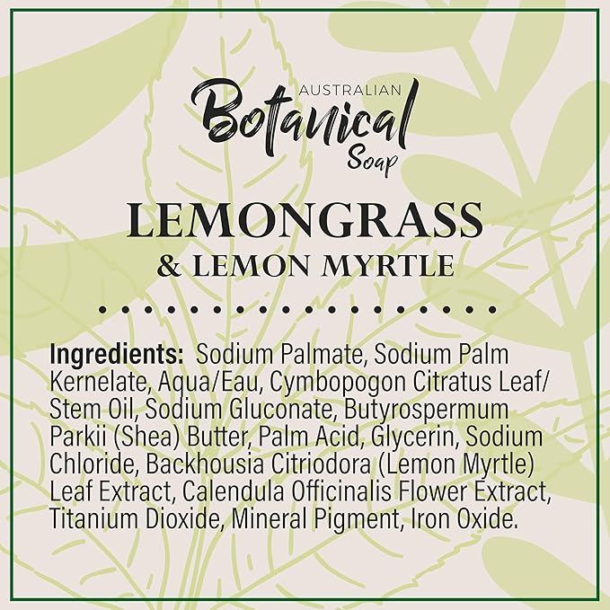 Australian Botanical Soap, 6.6 OZ, Lemongrass and Lemon Myrtle, Triple Milled Bars made with a Natural Soap Base and Enriched with Organic Shea Butter, Pack of 8