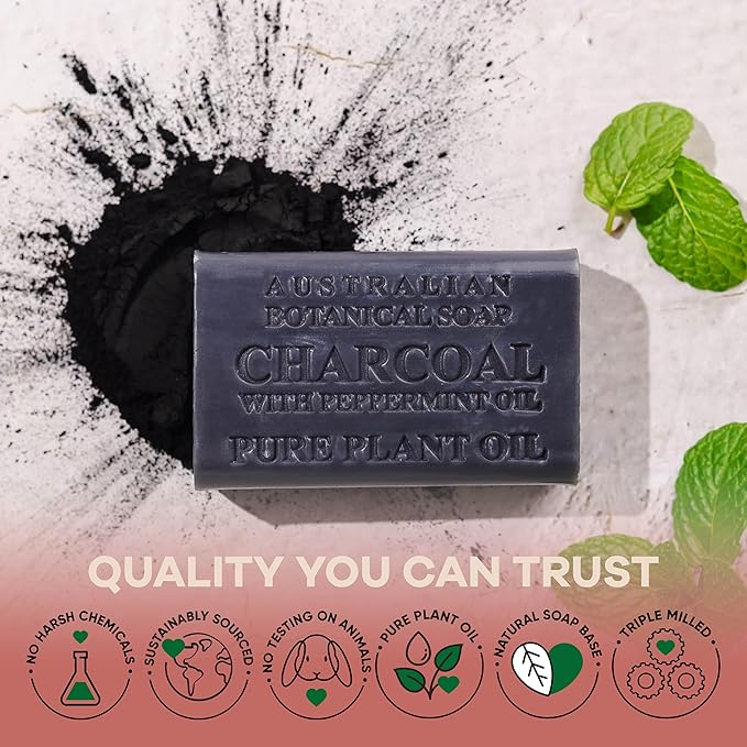 Australian Botanical African Black Soap with Activated Charcoal and Peppermint Oil 6.6 oz, Pack of 8 Activated Charcoal Soap with Raw Organic Shea Butter, for All Skin Types