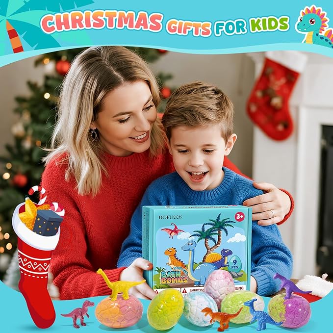 Dinosaur Bath Bombs for Kids with Surprise Inside, Christmas Stocking Stuffers for Kids, 9 Pack Bath Bombs Gift Set, Natural Organic Kid Bubble Bath Fizzy for Girls Boys with Bath Toys Inside