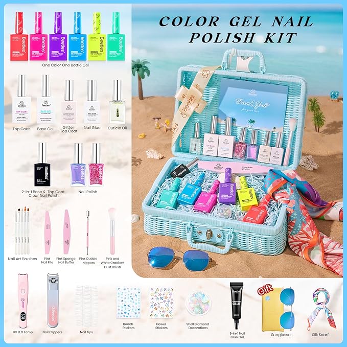 Beetles Halloween Gel Nail Polish Set with Mini LED Nail Lamp Purple Red Green Yellow Gel Polish with Base Top Coat Nail Art Brushes Salon DIY Gift Basket for Women