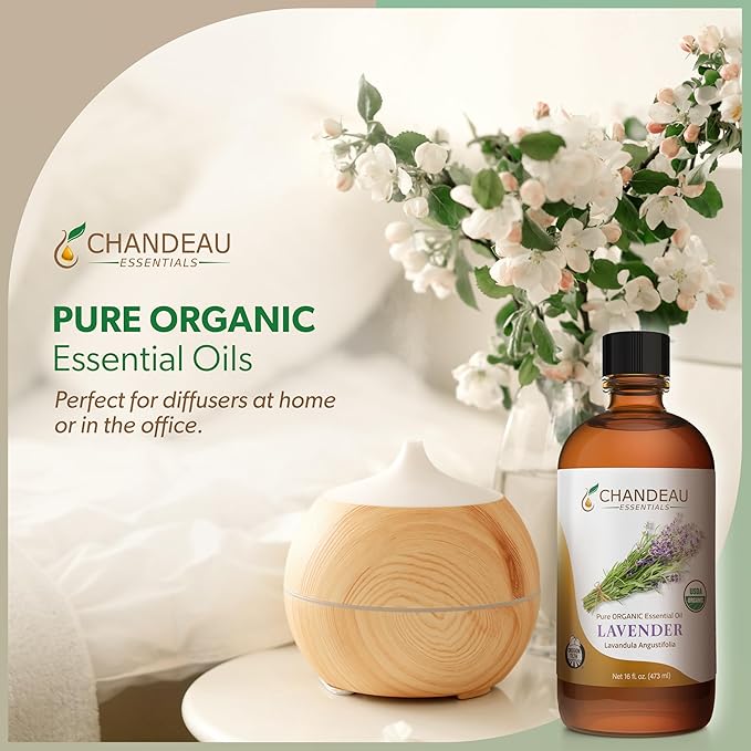 100% Pure Organic Essential Oil, Pure Lavender Essential Oil for Aromatherapy, Soap Making, Candles, Laundry, Perfume, Cleaners or Diffusers - Large Amber Glass Bottle, 16 oz.