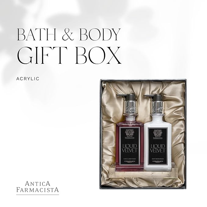 Antica Farmacista Liquid Velvet Acrylic Bath & Body Gift Set - Moisturizing Scented Lotion - Premium Hand Wash - With Acrylic Tray - Mother's Day Skincare Gift - Hand & Skin Hydration - Liquid Velvet