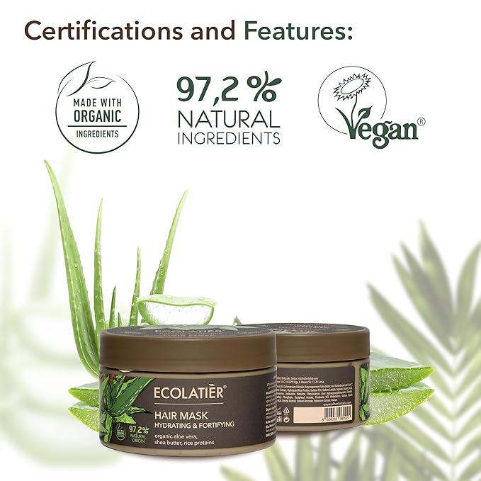 Aloe Vera Hair Mask with Organic Aloe Vera for Hair – Hydrating & Fortifying, 96.9% Natural, Vegan, Deep Treatment for Damaged, Dry & Curly Hair, Shea Butter & Rice Proteins, 8.5 Fl Oz