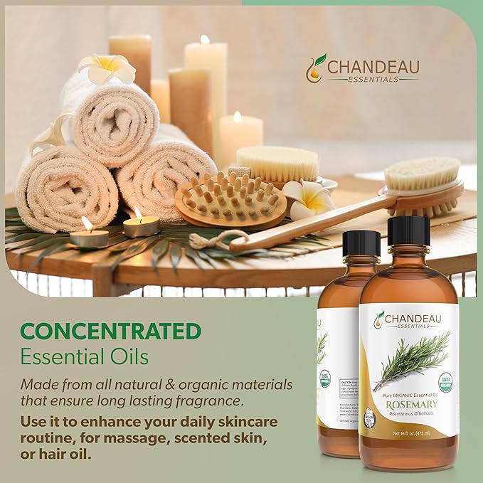 100% Pure Organic Essential Oil, Pure Rosemary Essential Oil for Aromatherapy, Soap Making, Candles, Laundry, Perfume, Cleaners or Diffusers - Large Amber Glass Bottle, 16 oz.